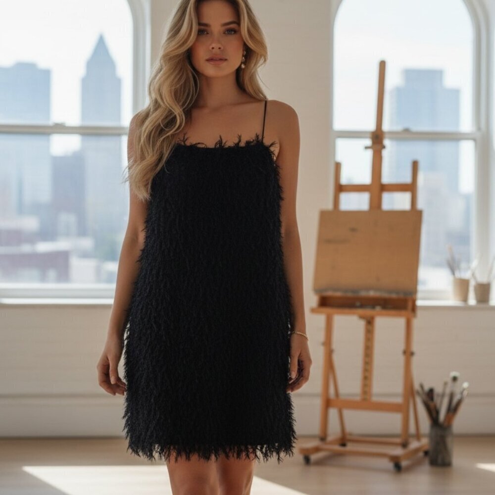 TCEC Black Feather Fringe Dress Size S | Textured Party Cocktail Dress